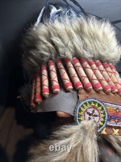 Native American War Indian Warrior Feathered Beaded Ceremonial Headdress