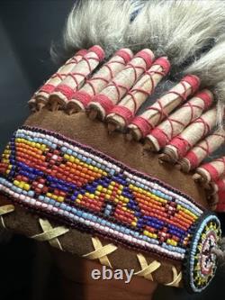 Native American War Indian Warrior Feathered Beaded Ceremonial Headdress