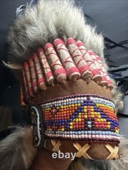 Native American War Indian Warrior Feathered Beaded Ceremonial Headdress