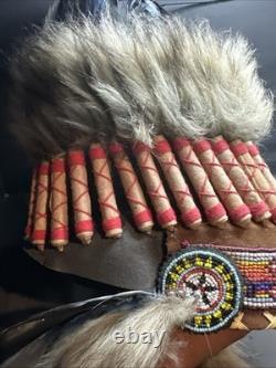 Native American War Indian Warrior Feathered Beaded Ceremonial Headdress