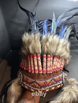 Native American War Indian Warrior Feathered Beaded Ceremonial Headdress