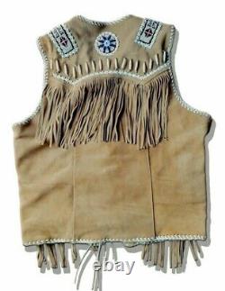 Native American Western Jacket Buckskin Suede Leather Fringe & Beads Vest