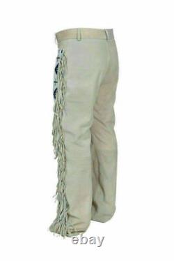 Native American Western Trousers Buckskin Suede Leather Fringes & beaded Pants