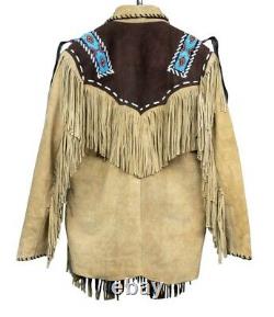 Native American Western Wear Suede Leather Jacket Fringes & Beads Work Coat