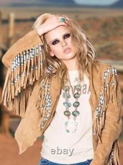 Native American Women's Suede Leather Western Fringe Beaded Cowgirl Jacket