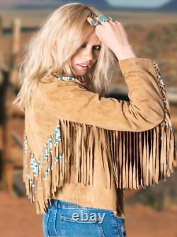 Native American Women's Suede Leather Western Fringe Beaded Cowgirl Jacket