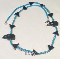Native American Zuni Fetish Necklace Turquoise Beaded Onyx Bears Geometric