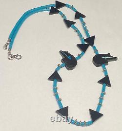 Native American Zuni Fetish Necklace Turquoise Beaded Onyx Bears Geometric