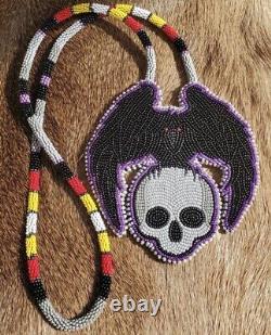 Native American beaded medallion necklace Raven and skull. Custom made