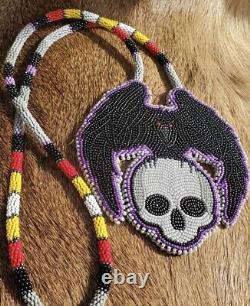 Native American beaded medallion necklace Raven and skull. Custom made