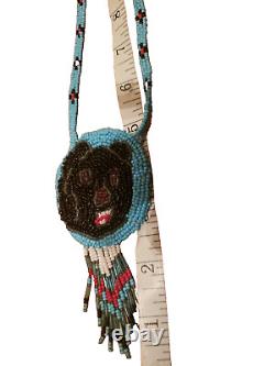 Native American beaded necklace medallion bear head vintage Pre-owned blue blac