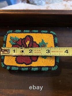 Native American large Vintage seed bead belt buckle flower Handmade