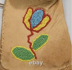 Native American or Mountain Man Deer Skin Leather Beaded Bag Pouch Fringe Purse