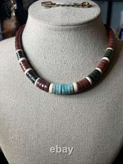Native American vintage sterling heishi turquoise pipestone beaded necklace