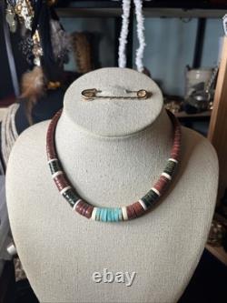 Native American vintage sterling heishi turquoise pipestone beaded necklace