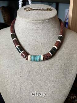 Native American vintage sterling heishi turquoise pipestone beaded necklace