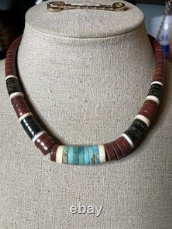 Native American vintage sterling heishi turquoise pipestone beaded necklace