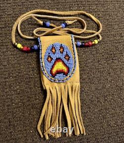 Native AmericanSiouxLakotaBeadedAmuletNecklaceEthnicLeatherBear Claw