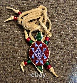 Native AmericanSiouxLakotaBeadedAmuletNecklaceEthnicLeatherTurtle
