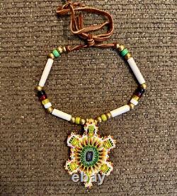 Native AmericanSiouxLakotaBeadedTurtleAmuletNecklaceEthnicLeatherBone