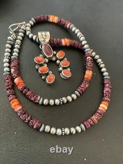 Native Navajo Sterling Silver Necklace Purple Spiny Oyster Pendant Naja 01768