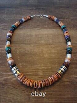 Navajo Indian Sterling Silver Spiny Oyster Gemstone Beaded Necklace Signed T&