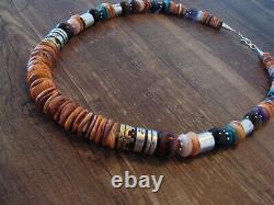 Navajo Indian Sterling Silver Spiny Oyster Gemstone Beaded Necklace Signed T&