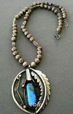 Navajo Morenci Turquoise Sterling Silver Squash Blossom Leaf Bead Necklace