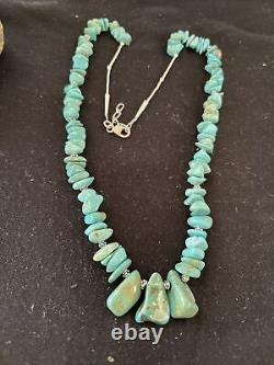 Navajo Native American Sterling Silver Blue Turquoise Nugget Beads Necklace01345