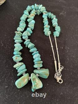 Navajo Native American Sterling Silver Blue Turquoise Nugget Beads Necklace01345
