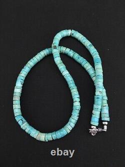 Navajo Native Blue Turquoise 7mm 20 Heishi Sterling Silver Bead Necklace 4634