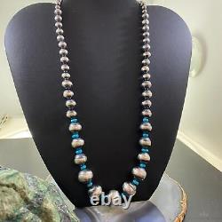 Navajo Pearl Beads Graduated 4-16mm withTurquoise Disk Beads Sterling 20 Necklace