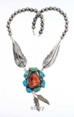 Navajo Spiny Oyster & Turquoise + Sterling Silver Leaves & Beads Necklace
