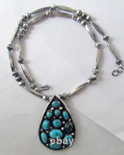 Navajo Sterling Necklace 2 1/4 Cluster Pendant, Bench Beads, 20 Inches, 38 Gram