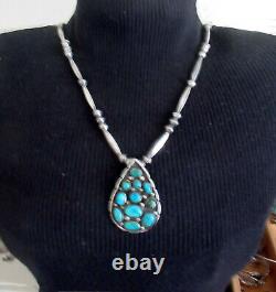 Navajo Sterling Necklace 2 1/4 Cluster Pendant, Bench Beads, 20 Inches, 38 Gram