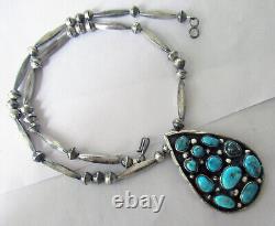Navajo Sterling Necklace 2 1/4 Cluster Pendant, Bench Beads, 20 Inches, 38 Gram