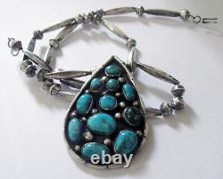 Navajo Sterling Necklace 2 1/4 Cluster Pendant, Bench Beads, 20 Inches, 38 Gram