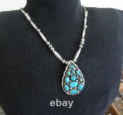 Navajo Sterling Necklace 2 1/4 Cluster Pendant, Bench Beads, 20 Inches, 38 Gram