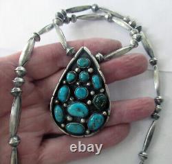 Navajo Sterling Necklace 2 1/4 Cluster Pendant, Bench Beads, 20 Inches, 38 Gram