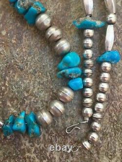 Navajo Sterling Pearl Bench Beads & Sleeping Beauty Turquoise Necklace 21 28g