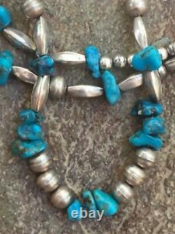 Navajo Sterling Pearl Bench Beads & Sleeping Beauty Turquoise Necklace 21 28g