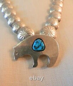 Navajo Sterling Reversible Silver Beads & Bisbee Turquoise Bear Pendant Necklace