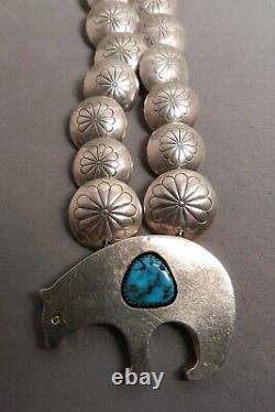 Navajo Sterling Reversible Silver Beads & Bisbee Turquoise Bear Pendant Necklace