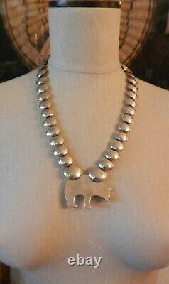 Navajo Sterling Reversible Silver Beads & Bisbee Turquoise Bear Pendant Necklace