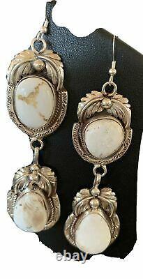 Navajo White Buffalo Turquoise Sterling Silver Dangle Earrings Set 2.50 01664