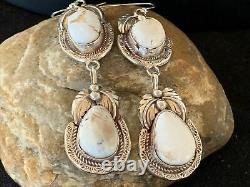 Navajo White Buffalo Turquoise Sterling Silver Dangle Earrings Set 2.50 01664