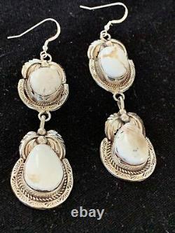 Navajo White Buffalo Turquoise Sterling Silver Dangle Earrings Set 2.50 01664