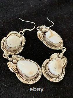 Navajo White Buffalo Turquoise Sterling Silver Dangle Earrings Set 2.50 01664