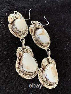 Navajo White Buffalo Turquoise Sterling Silver Dangle Earrings Set 2.50 01664