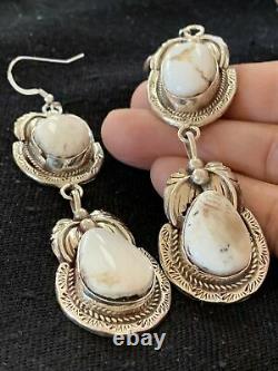 Navajo White Buffalo Turquoise Sterling Silver Dangle Earrings Set 2.50 01664